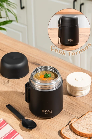 Porsima Paslanmaz Çelik Vakumlu Yemek Termosu Beslenme Kutusu Taşınabilir Lunch Box Sefer Tası Siyah 600ml ürün görseli 1