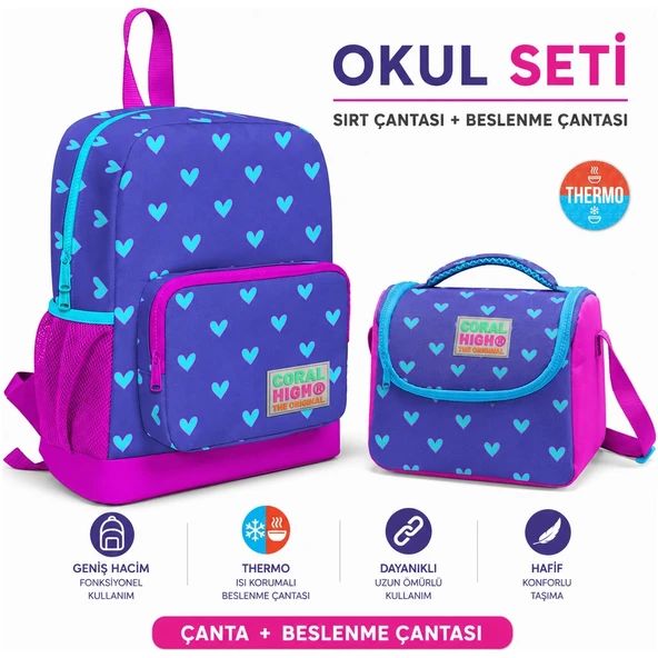 Klap Desenli Iki Bölmeli Okul Çantası 23606+PEMBE Kalp Desenli Thermo Beslenme Çantası 11706 ürün görseli 1