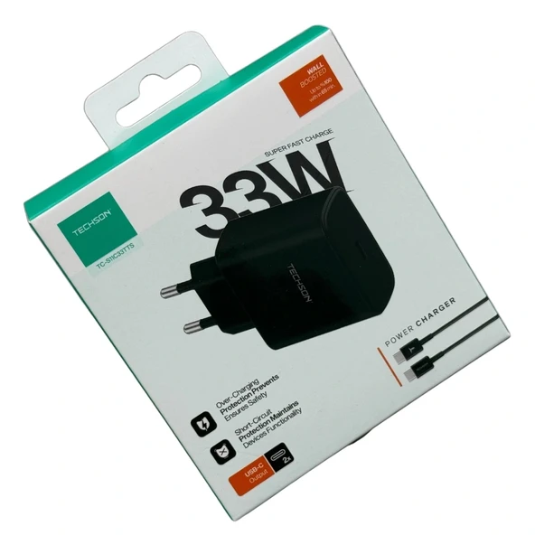 TECHSON 33W Type-C Adaptör + Kablo Şarj Cihazı Siyah S11C33TTS ürün görseli 1