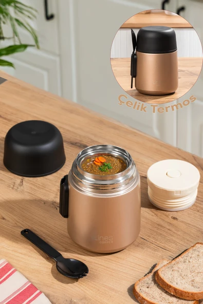 Porsima Paslanmaz Çelik Vakumlu Yemek Termosu Beslenme Kutusu Taşınabilir Lunch Box Sefer Tası Bronz 600ml ürün görseli 1