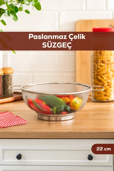 Porsima İvory Kulplu Paslanmaz Çelik Süzgeç Mutfak Eleği Meyve ve Sebze Yıkama Aparatı Kevgir 22cm ürün görseli 1