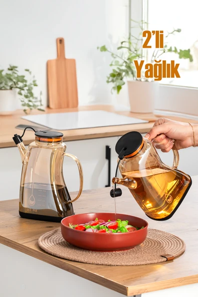Porsima 3855-1 Şeffaf Borosilikat Cam Zeytinyağ Şişesi - 2li Yağlık ve Sirkelik Seti Siyah 1lt ürün görseli 1