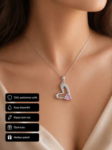 Kalp Tasarımlı Pembe Zirkon Detay Kadın Kolye Paslanmaz Çelik Hediye ürün görseli 1