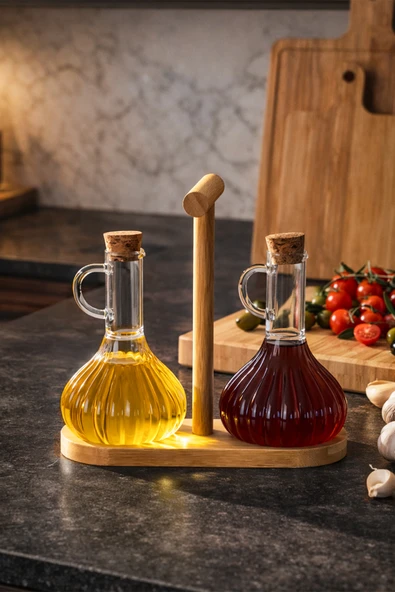 Porsima 415 2li standlı Mantar Kapaklı Borosilikat Cam Yağlık Sirkelik Yağdanlık 250+250 ml ürün görseli 1