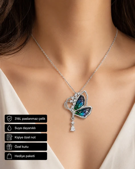 Butterfly Renkli Kanatlı Kadın Kolye Paslanmaz Çelik Hediye Kolyesi ürün görseli 1