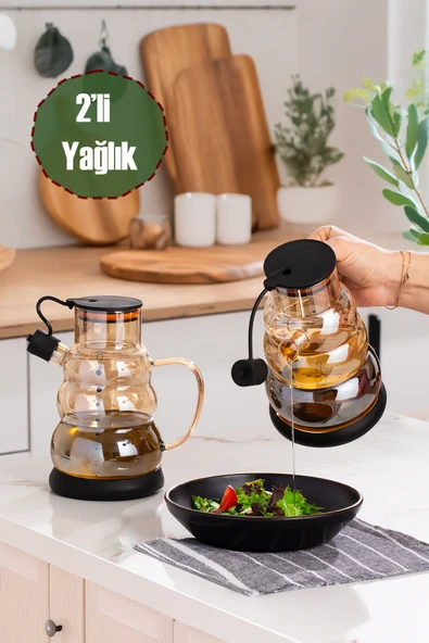 Porsima 3617- 1 Kapaklı Borosilikat Cam 2li Yağlık Sirkelik Seti Yağdanlık Takımı 1000ml Siyah ürün görseli 1