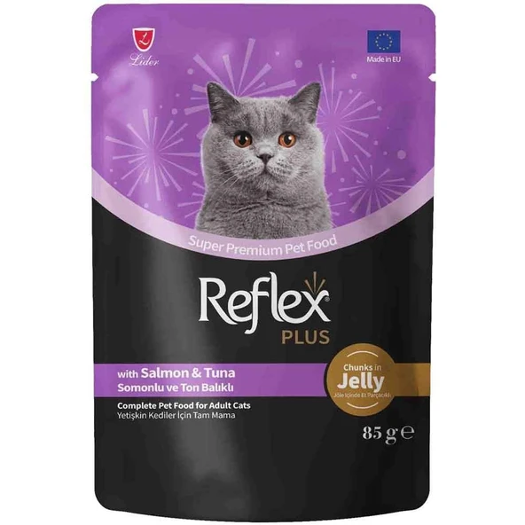 Reflex Plus Jöle İçinde Et Parçacıklı Somonlu ve Ton Balıklı Kedi Konservesi 85gr ürün görseli 1