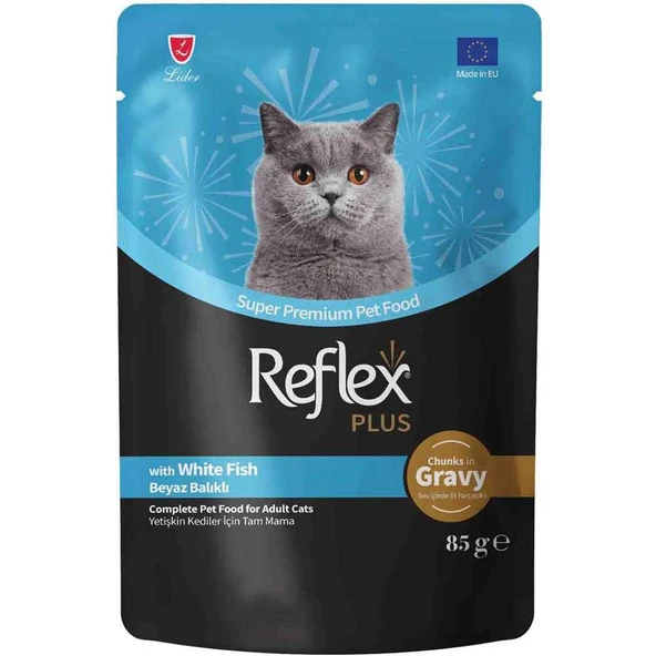 Reflex Plus Sos İçinde Et Parçacıklı Beyaz Balıklı Kedi Konservesi 85gr ürün görseli 1