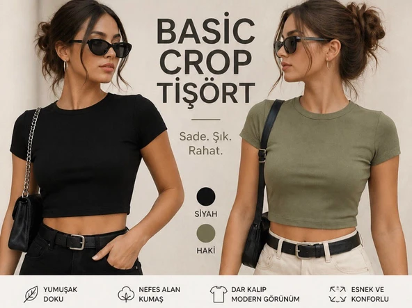 Kadın Basic Crop Tişört , Dar Kalıp, Kısa Kollu, Esnek Kumaş ürün görseli 1