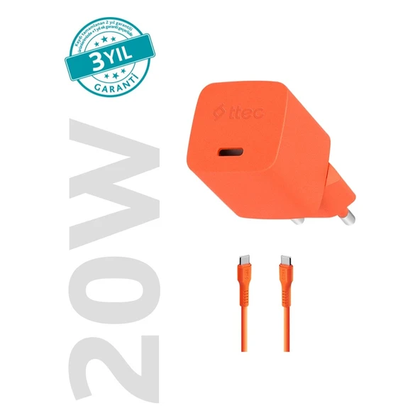 Ttec Smartcharger Gan 20W Pd Seyahat Hızlı Şarj Aleti + Usb-C - Usb-C 3A Kablo Neon Turuncu 2SCG20CN ürün görseli 1