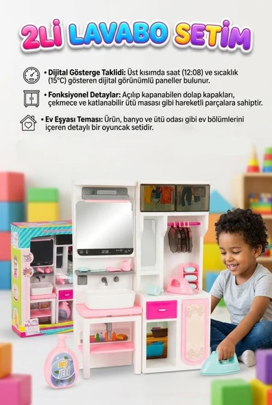 2'li Lavabo ve Ütü Odam! 15 Parça Aksesuarlı Kapakları Açılabilir Dolaplı Eğitici Evcilik Oyun Seti ürün görseli 1
