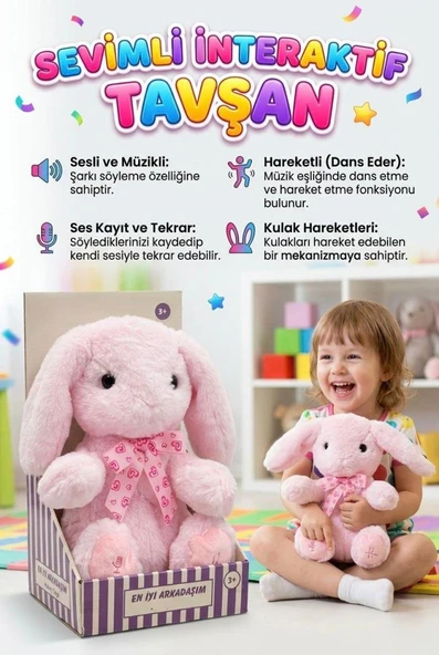 Pembe Tavşan Arkadaşım! Sesli Müzikli Ses Kaydı ve Ses Tekrarı Yapan Hareketli Kulaklı Oyuncak Peluş ürün görseli 1