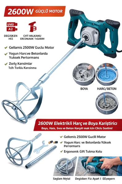 Profosyonel Devir Ayarlı 1800 Watt Boya Ve Harç Karıştırıcı Mikser ürün görseli 1