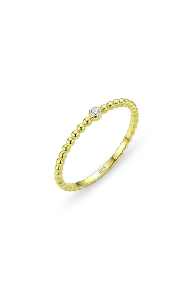 925 Ayar Gümüş Yüzük Altın Kaplama Gold İnce Top Boncuklu Tek Taş Yüzük - Minimalist Tasarım ürün görseli 1