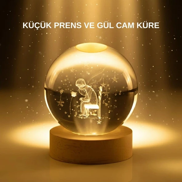 Küçük Prens Cam Küre Usb Işıklı Ahşap Standlı Büyük Boy ürün görseli 1