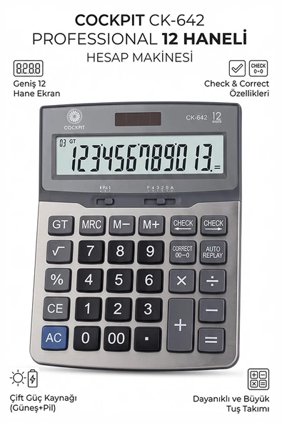 Hesap Makinesi Gri 15x20 cm 1 Adet Cockpıt Ck-642 12 Haneli Büyük Boy Hafızalı Ofis Büro Masaüstü Hesap Makinası ürün görseli 1