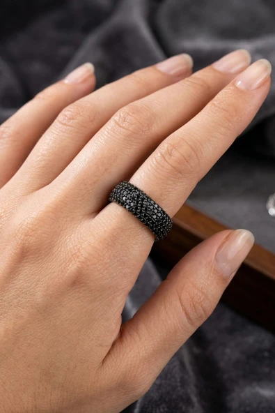 925 Ayar Gümüş Yüzük 5 Sıra Siyah Zirkon Taşlı Kalın Tamtur Yüzük - Lüks Rose Gold Kaplama Alyans ürün görseli 1