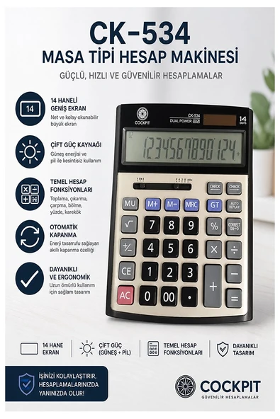 Hesap Makinesi Siyah Gri 15x19.5 cm 1 Adet Cockpıt Ck-534 12 Haneli Büyük Boy Hafızalı Büro Masaüstü Hesap Makinası ürün görseli 1