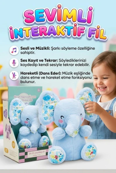 Sevimli Fil Sesli Müzikli Hareketli Kulaklı Ses Kaydeden ve Taklit Eden Dans Eden Oyuncak Peluş ürün görseli 1