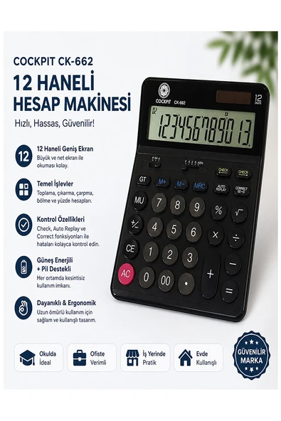 Hesap Makinesi Siyah 14x19 cm 1 Adet Cockpıt Ck-662 12 Haneli Büyük Boy Hafızalı Büro Masaüstü Hesap Makinası ürün görseli 1