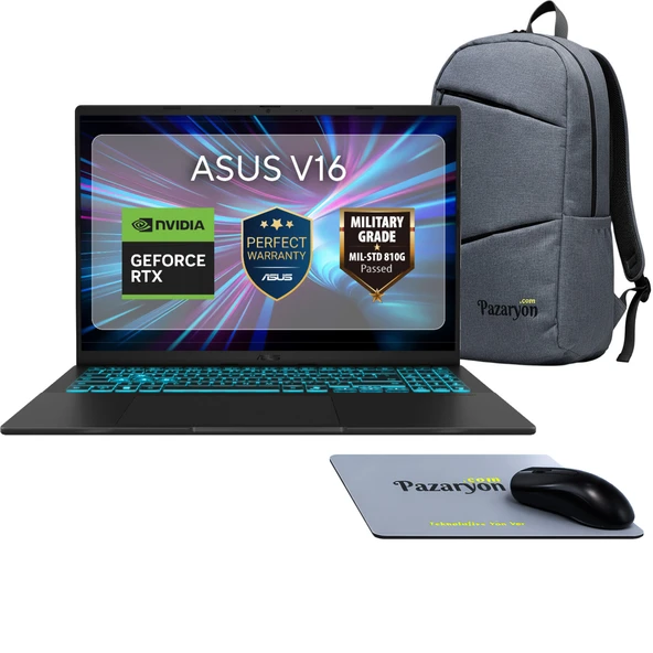 Asus Vivobook V16, Core 7-240H, 64GB RAM, 2TB SSD, RTX5070 GPU, 16" Win11+Office (Çanta&Mouse Hediyeli) ürün görseli 1