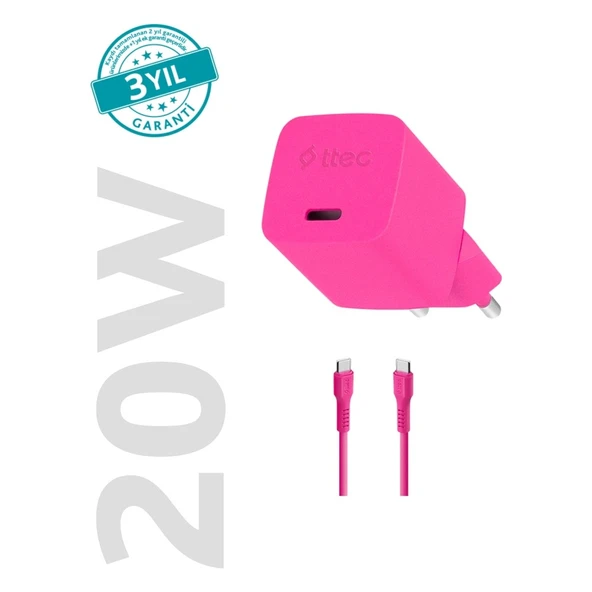 Ttec Smartcharger Gan 20W Pd Seyahat Hızlı Şarj Aleti + Usb-C - Usb-C 3A Kablo Neon Pembe 2SCG20CN ürün görseli 1