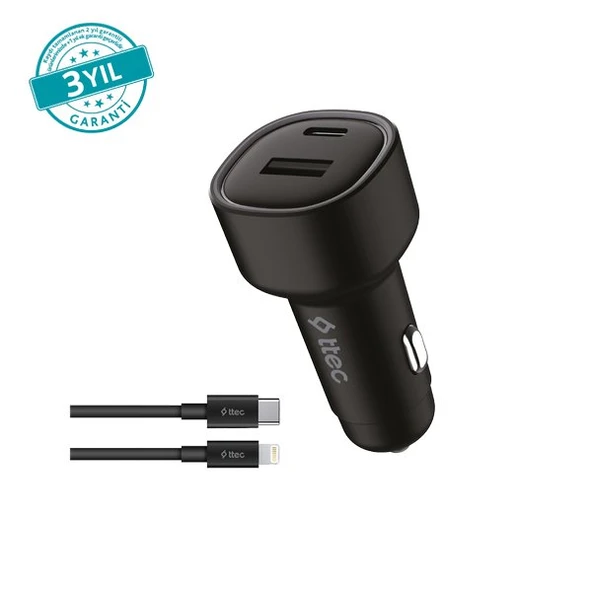 Ttec SmartCharger Duo PD 48W Araç Hızlı Şarj Aleti USB-C+USB-A - USB-C-Lightning Kablo ürün görseli 1