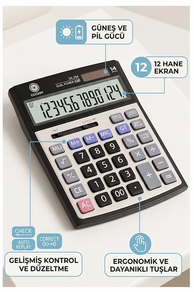 Hesap Makinesi Siyah Gri 15x19.5 cm 1 Adet Cockpıt Ck-534 12 Haneli Büyük Boy Hafızalı Ofis Büro Masaüstü Hesap Makinası ürün görseli 1