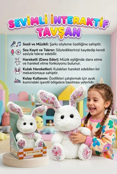 Tatlı Arkadaşım Tavşan! Müzikli Sesli Ses Kaydı ve Ses Tekrarı Yapan Hareketli Kulaklı Oyuncak Peluş ürün görseli 1