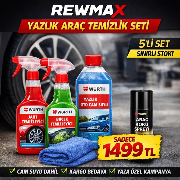 REWMAX Würth Premium Araç Temizlik Seti – Jant + Böcek + 1L Cam Suyu + Mikro Fiber + Araç Kokusu (5’li Set) ürün görseli 1