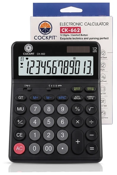 Hesap Makinesi Siyah 14x19 cm 1 Adet Cockpıt Ck-662 12 Haneli Büyük Boy Hafızalı Ofis Büro Masaüstü Hesap Makinası ürün görseli 1