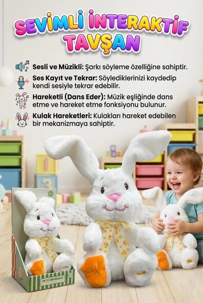Sevimli Tavşan! Sesli Müzikli Dans Eden Ses Kayıtı Yapıp Taklit Eden Hareketli Kulaklı Oyuncak Peluş ürün görseli 1