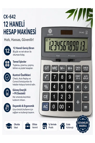 Hesap Makinesi Gri 15x20 cm 1 Adet Cockpıt Ck-642 12 Haneli Büyük Boy Hafızalı Büro Masaüstü Hesap Makinası ürün görseli 1