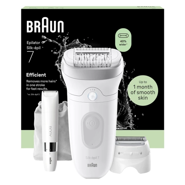 Braun Silk·épil 7, tüyleri kolay almak için geniş başlıklı kadın epilatörü, ıslak ve kuru, uzun ömürlü pürüzsüz cilt - tıraş aparatı, düzeltici aparatı ve mini tıraş makinesi dahil - 7-441, gümüş ürün görseli 1