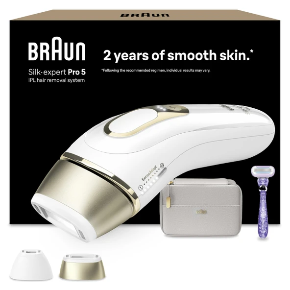 Braun IPL Silk·expert Pro 5 - IPL cihazı evde epilasyon, kalıcı ve ağrısız epilasyon - Gillette Venus tıraş makinesiyle birlikte çanta, 2 aparat, Almanya'da tasarlandı - PL5157, beyaz/altın ürün görseli 1