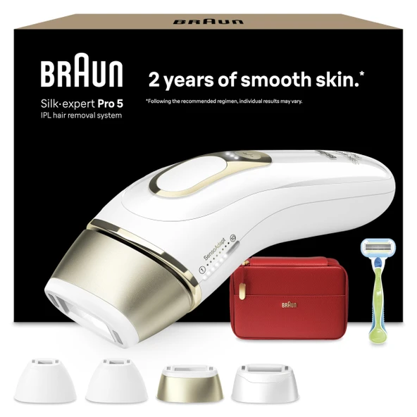 Braun IPL epilasyon cihazları Silk Expert Pro 5 - Evde kalıcı ve ağrısız epilasyon - Dahil. çanta, Gillette Venus tıraş makinesi, 4 aparatlı, Almanya'da Tasarlandı - PL5382, beyaz/altın ürün görseli 1