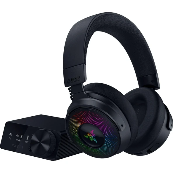Razer Kraken V4 Pro - Control Hub Sensa HD dokunsal özellikli kablosuz oyun kulaklığı (OLED kontrol hub'ı, Triforce 40 mm sürücü, HyperSpeed ​​ve Bluetooth, THX Spatial Audio, RGB) siyah ürün görseli 1