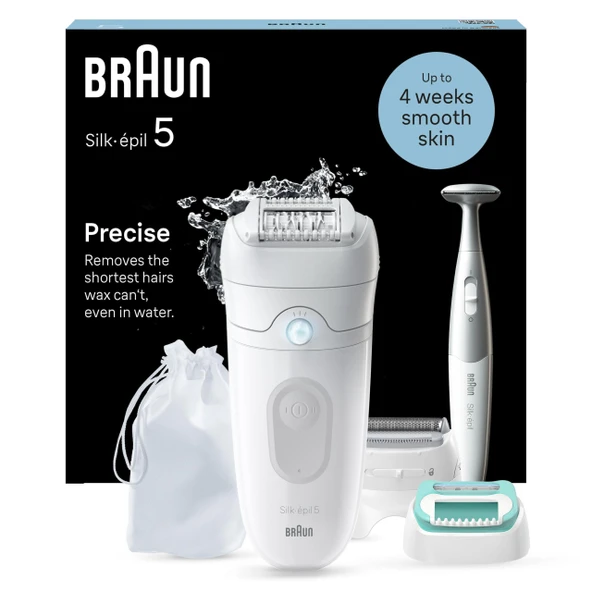 Braun Silk-épil 5 kadın epilatörü, uzun süreli epilasyon için tüy çıkarıcı, kadın tıraş makinesi, su geçirmez - bikini düzeltici, tıraş aparatı ve düzeltici aparatı dahil - 5-251, beyaz/gri ürün görseli 1