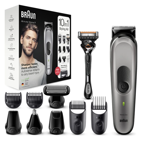 Braun Çoklu Bakım Seti 7, 10'u 1 Arada Sakal Kesme Makinesi, Saç Kesme Makinesi/Saç Kesme Makinesi, Erkek Tüy Alma, Kafa, Vücut Tüyleri, 8 Aparat, Babalar Günü Hediyesi, MGK7320, Siyah/Gümüş ürün görseli 1