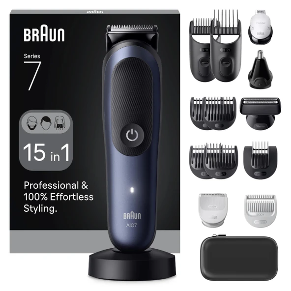 Braun Hepsi Bir Arada Bakım Seti Seri 7, 15'i 1 arada, ProBlade ve AutoSense, 120 dakika, SkinGuard ve Sakal Solma, su altında kullanım için AquaGrip, AIO7580, Almanya'da Tasarlandı - Mavi ürün görseli 1