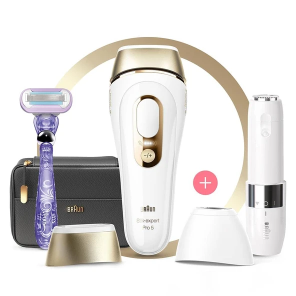 Braun Silk-expert Pro 5 Kadınlar/Erkekler için Epilatör, IPL, Geniş Hassas Başlık ve Venus Tıraş Makinesi, Evde Lazer Epilasyona Alternatif, PL 5149, Beyaz/Altın ürün görseli 1