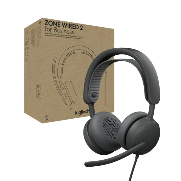 Logitech Zone Wired 2 for Business - Gürültü engelleme ve Uyarlanabilir Hibrit ANC özellikli kulaklık, Microsoft Teams sertifikalı, USB-A adaptörlü USB-C ürün görseli 1