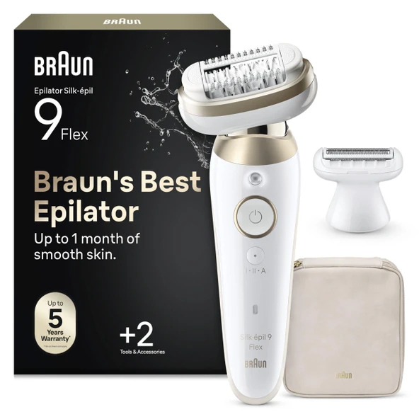 Braun Epilatör Kadın Silk·épil 9 Flex, Ladyshaver 9-041 3D, Altın - 360° Tüyleri kolayca almak için esnek başlık, uzun ömürlü pürüzsüz cilt, su geçirmez, kutu ve düzeltici aparatı içerir ürün görseli 1