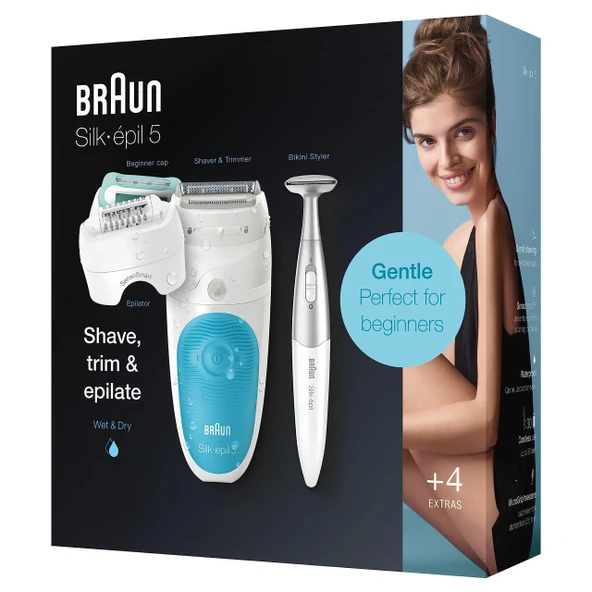Braun Silk-épil 5 epilasyon / tüy çıkarıcı için kadın epilatörü, bikini düzeltici (saç düzeltici mahrem bölge), yüksek frekanslı masaj aparatı dahil, 5-810, beyaz/turkuaz ürün görseli 1