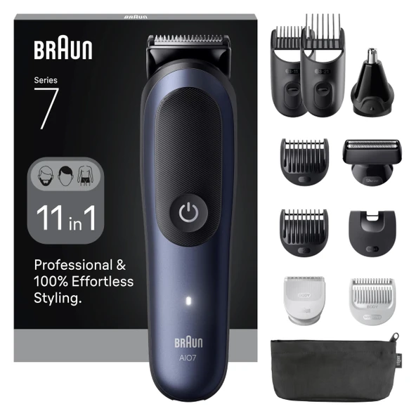Braun Series 7 Çok Fonksiyonlu Vücut Bakım Seti, 11'i 1 arada, ProBlade ve AutoSense, 120 dakika, SkinGuard ve Sakal Gölgelendirme, Sualtı için AquaGrip, AIO7540, mavi ürün görseli 1