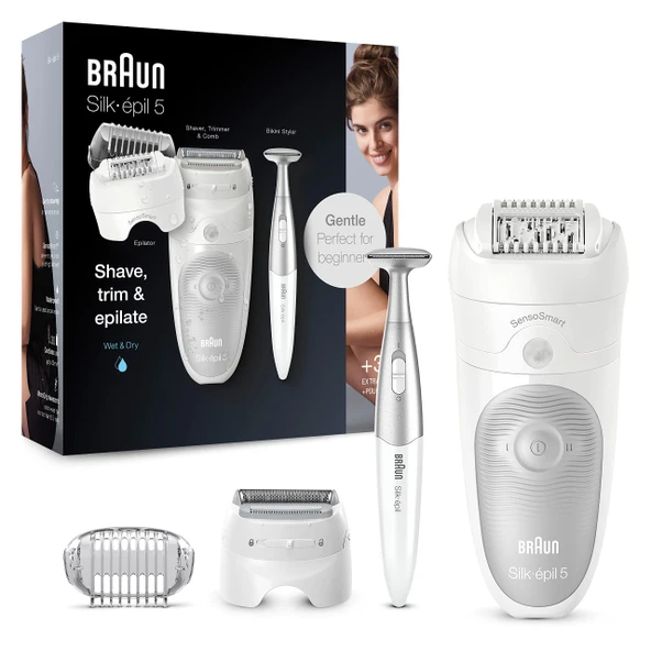Braun Silk-épil 5 epilasyon / tüy çıkarıcı için kadın epilatörü, bikini düzeltici (saç düzeltici mahrem bölge), döner başlık dahil, 5-805, beyaz/gri ürün görseli 1