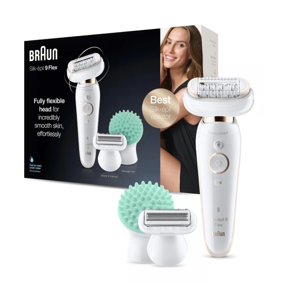 Braun Silk-épil 9 Flex güzellik seti, kadın epilatörü / tüy çıkarıcı, kaymaz sap ve basınç kontrolü, tüyleri daha kolay almak için esnek başlık, 9020, beyaz/altın ürün görseli 1