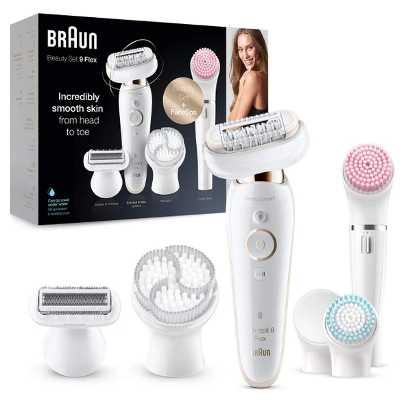 Braun Silk-épil 9 Flex güzellik seti, kadın epilatörü / tüy çıkarıcı, FaceSpa yüz temizleme fırçası, 9 aparat, çanta, tüyleri daha kolay almak için esnek başlık, 9100, beyaz/altın ürün görseli 1