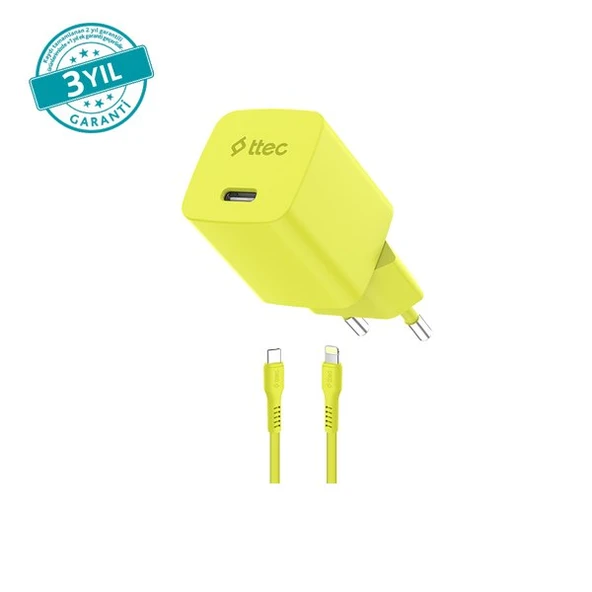 Ttec SmartCharger GAN 20W PD Seyahat Hızlı Şarj Aleti + USB-C - Lightning 120cm Kablo Neon Sarı ürün görseli 1