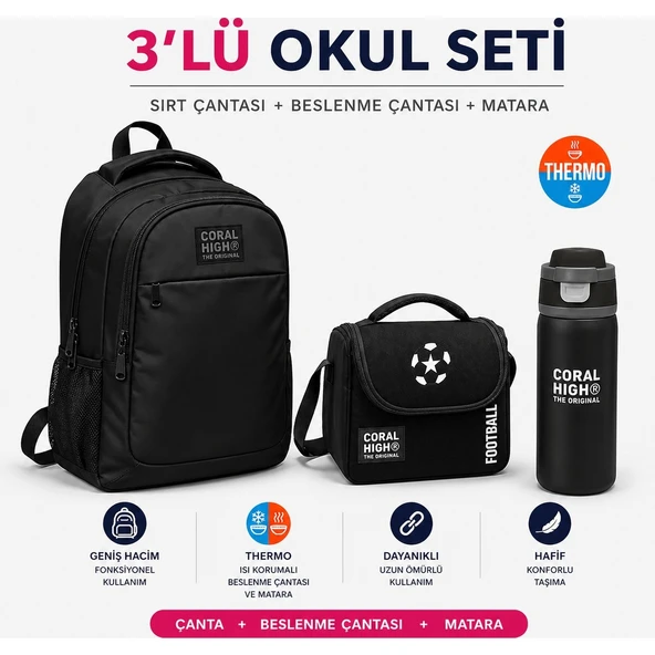 Coral High Siyah Üç Bölmeli Sırt Çantası 14398+Thermo Beslenme Çantası 22798+ Termos 38518 ürün görseli 1